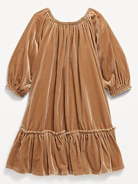 Puffy-Sleeve Velour Dress for Toddler Girls