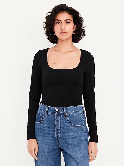 Fitted Double-Layer Scoop-Neck Top