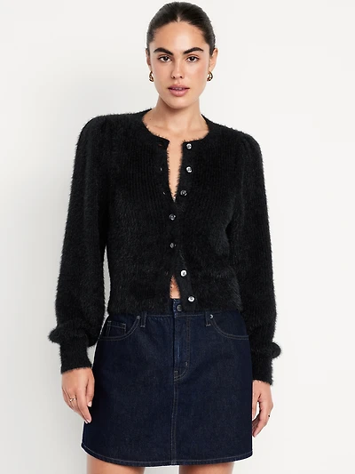 Cropped Eyelash Cardigan Sweater