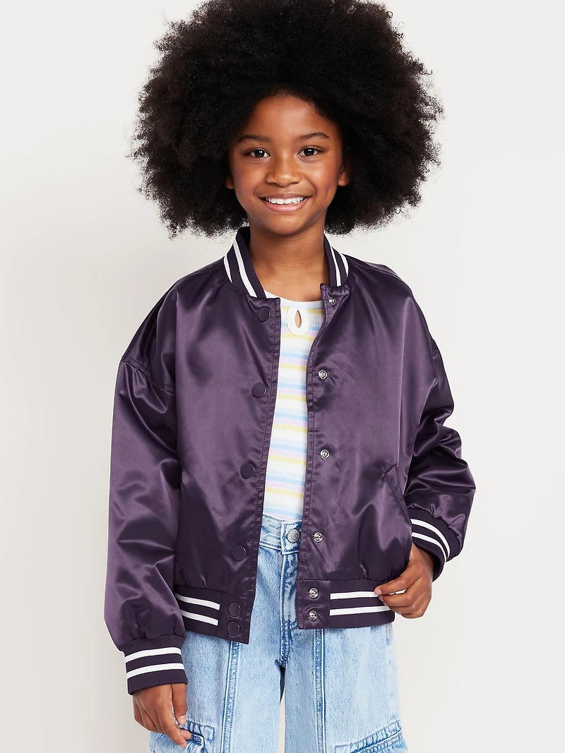 Loose Button-Front Satin Bomber Jacket for Girls