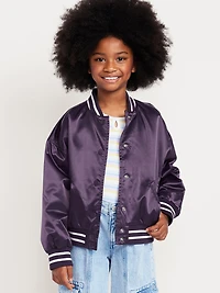 Loose Button-Front Satin Bomber Jacket for Girls