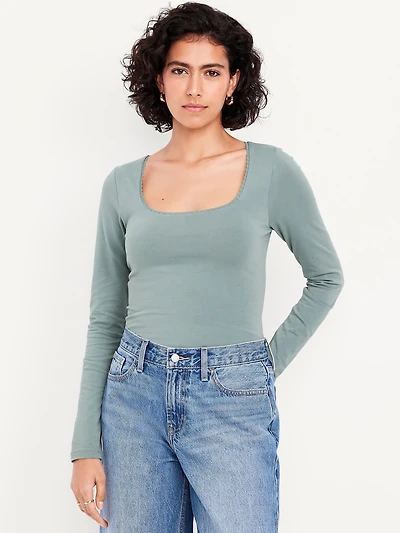 Fitted Double-Layer Scoop-Neck Top