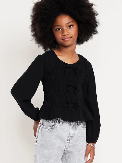 Long-Sleeve Smocked Double-Weave Top for Girls