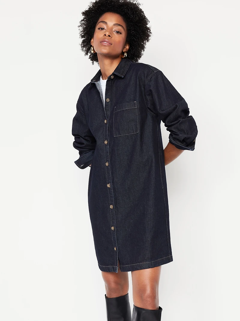 Long-Sleeve Denim Mini Shirt Dress