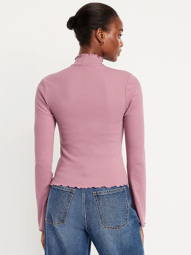 Mock-Neck Lettuce-Edge Rib Top