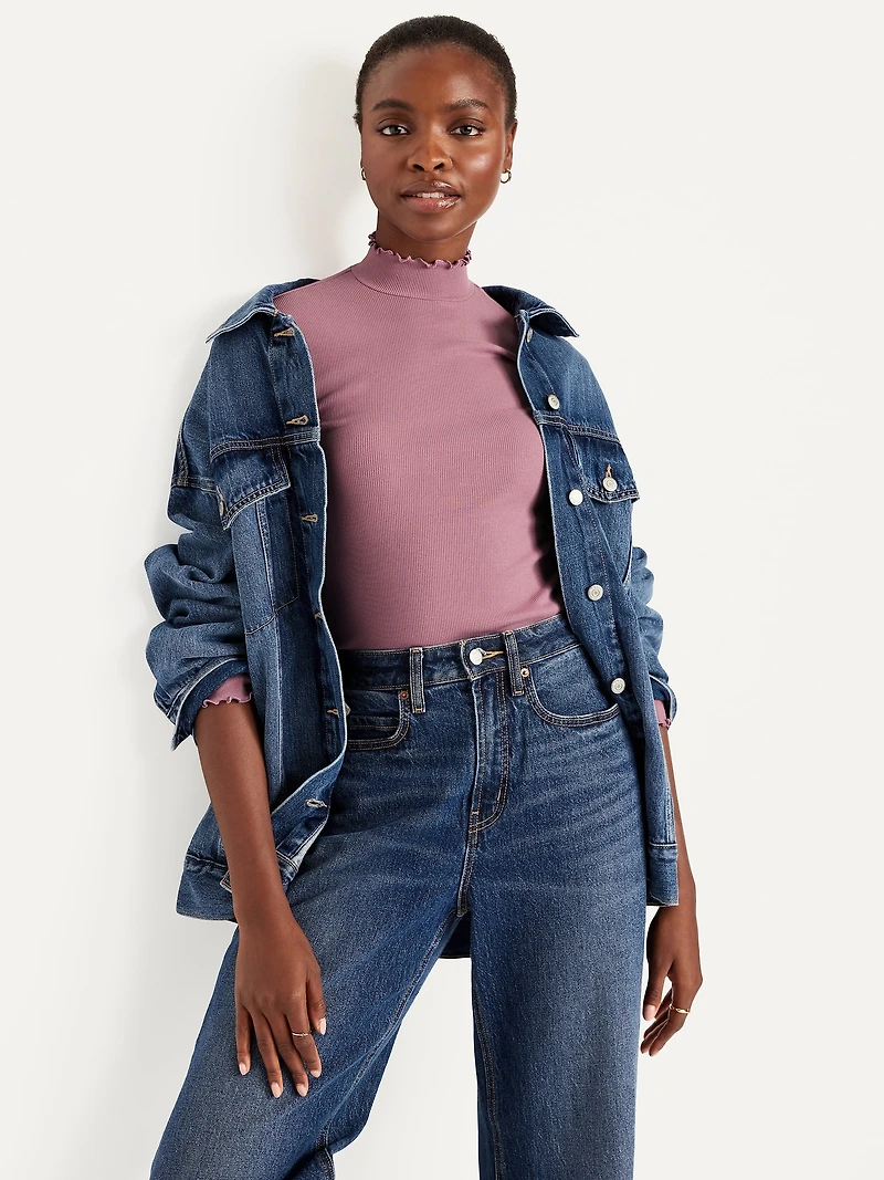 Mock-Neck Lettuce-Edge Rib Top