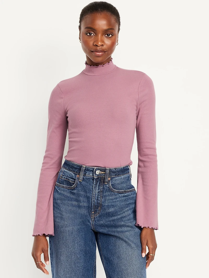 Mock-Neck Lettuce-Edge Rib Top