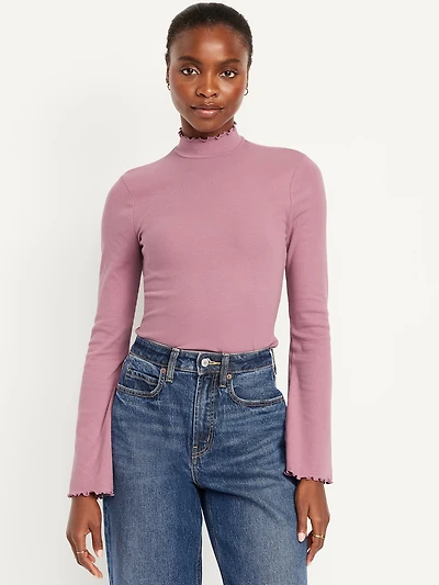 Mock-Neck Lettuce-Edge Rib Top