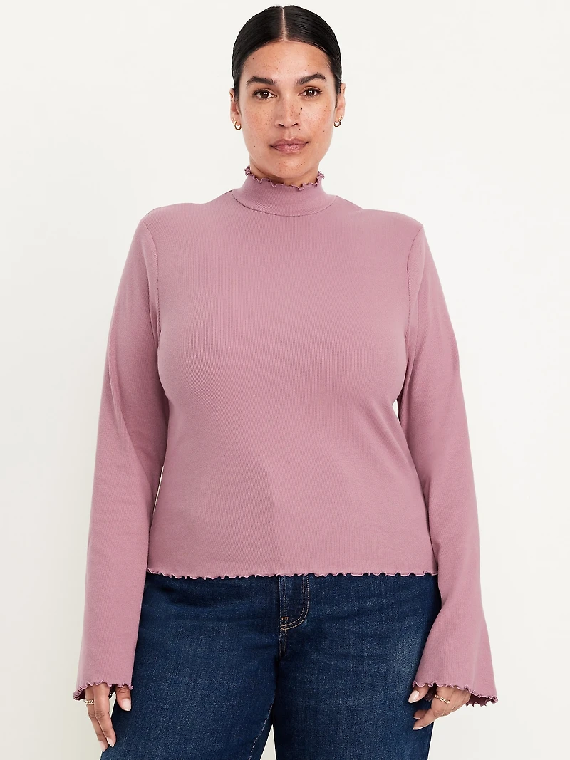 Mock-Neck Lettuce-Edge Rib Top
