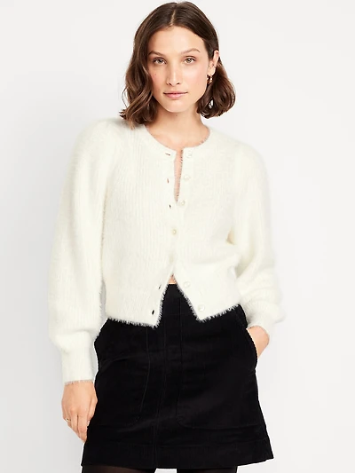 Cropped Eyelash Cardigan Sweater