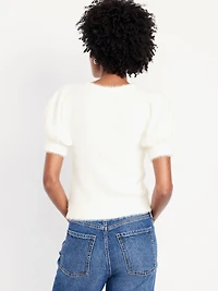 Cropped Puff-Sleeve Eyelash Sweater