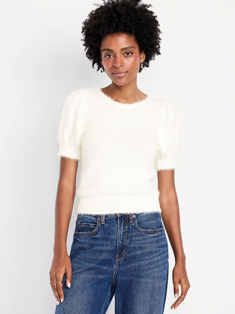 Cropped Puff-Sleeve Eyelash Sweater