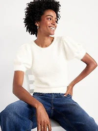 Cropped Puff-Sleeve Eyelash Sweater