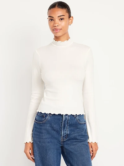 Mock-Neck Lettuce-Edge Rib Top