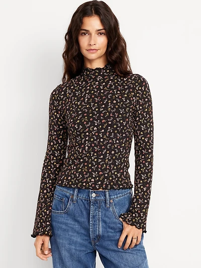 Mock-Neck Lettuce-Edge Rib Top