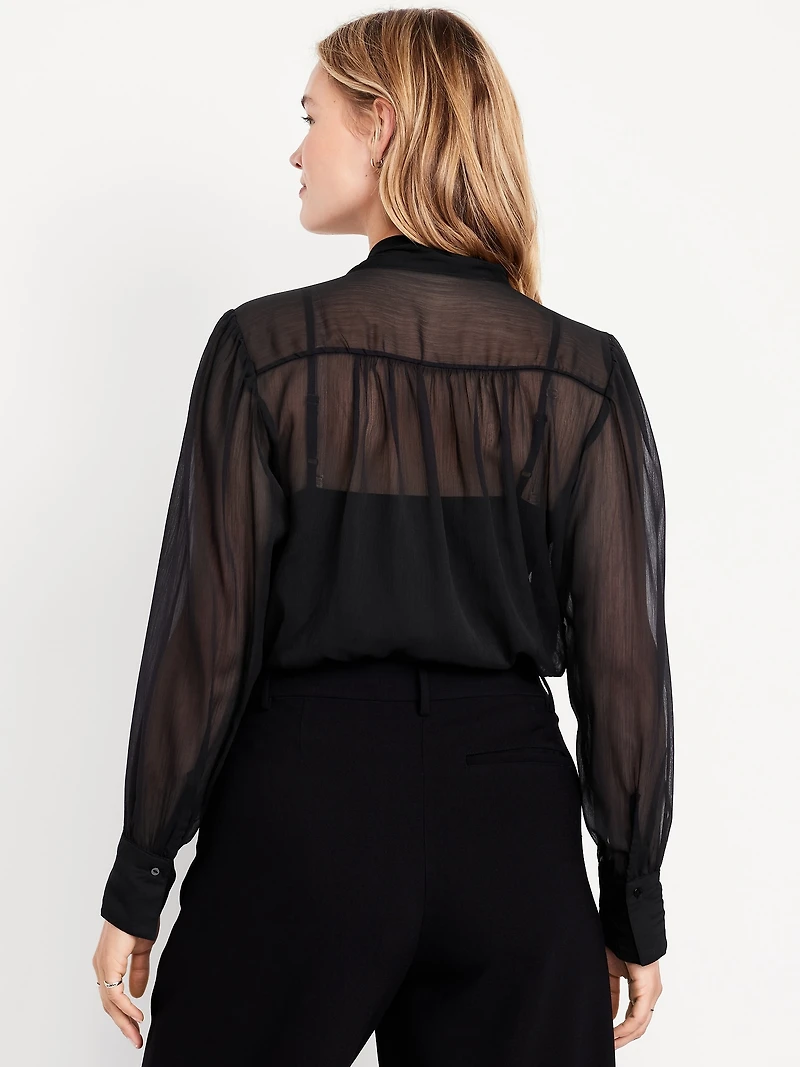 Long-Sleeve Tie-Neck Chiffon Top