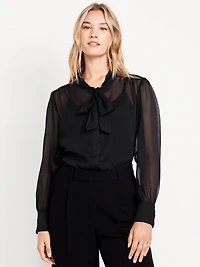 Long-Sleeve Tie-Neck Chiffon Top