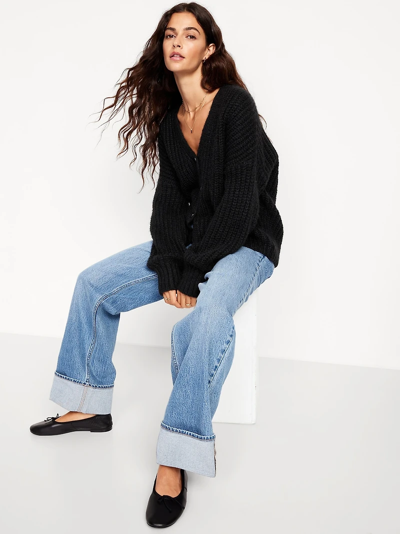 Wool-Blend Shaker-Stitch Cardigan Sweater