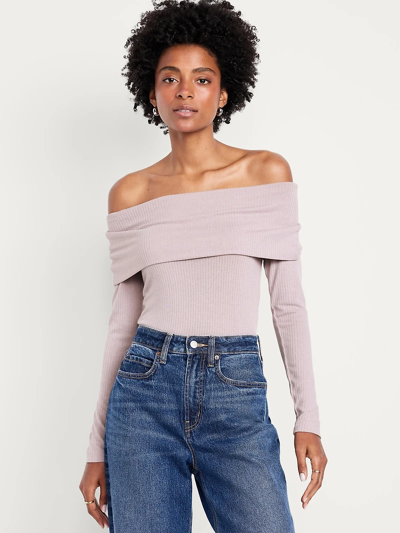 Off-Shoulder Long-Sleeve Ribbed Top
