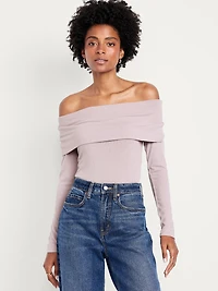 Off-Shoulder Long-Sleeve Ribbed Top