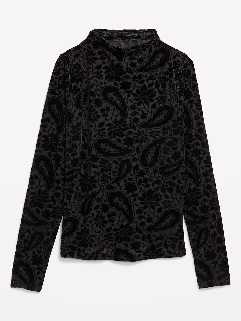 Mock-Neck Long-Sleeve Velvet Top
