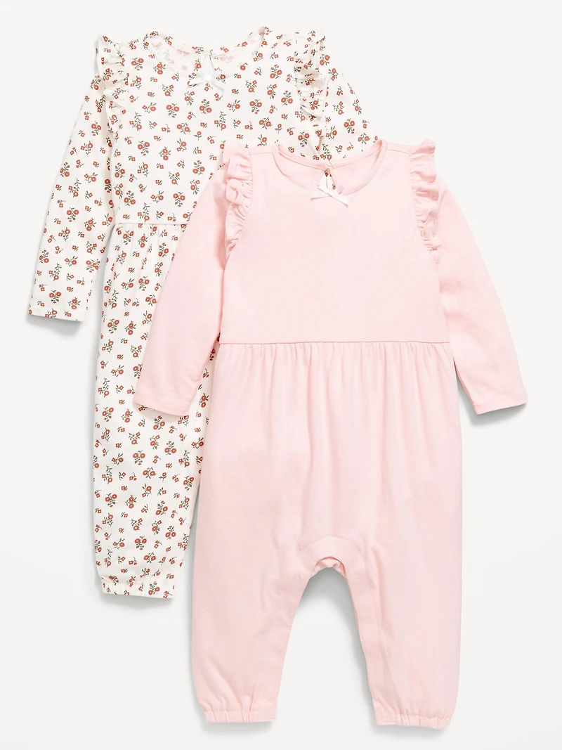 Printed Long-Sleeve Ruffle-Trim One-Piece 2-Pack for Baby