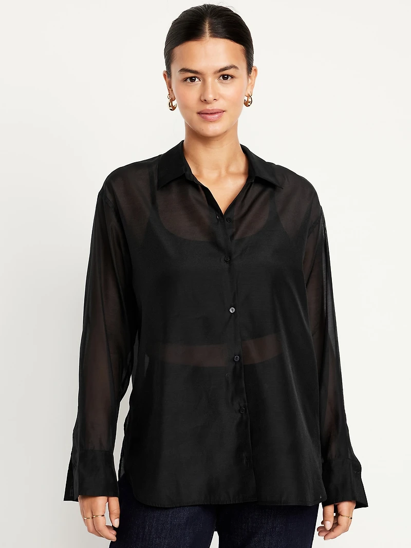 Loose Button-Down Organza Tunic Shirt