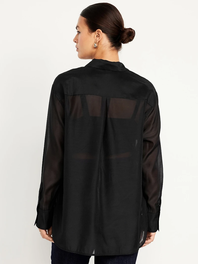 Loose Button-Down Organza Tunic Shirt