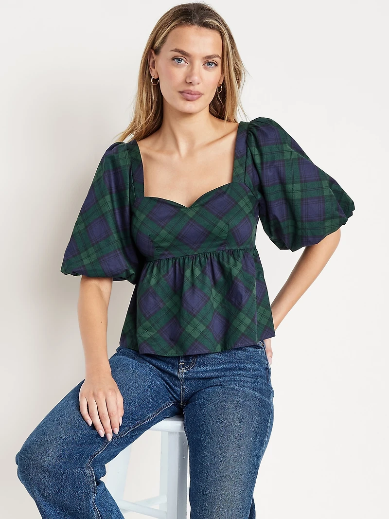 Puff-Sleeve Plaid Poplin Peplum Top