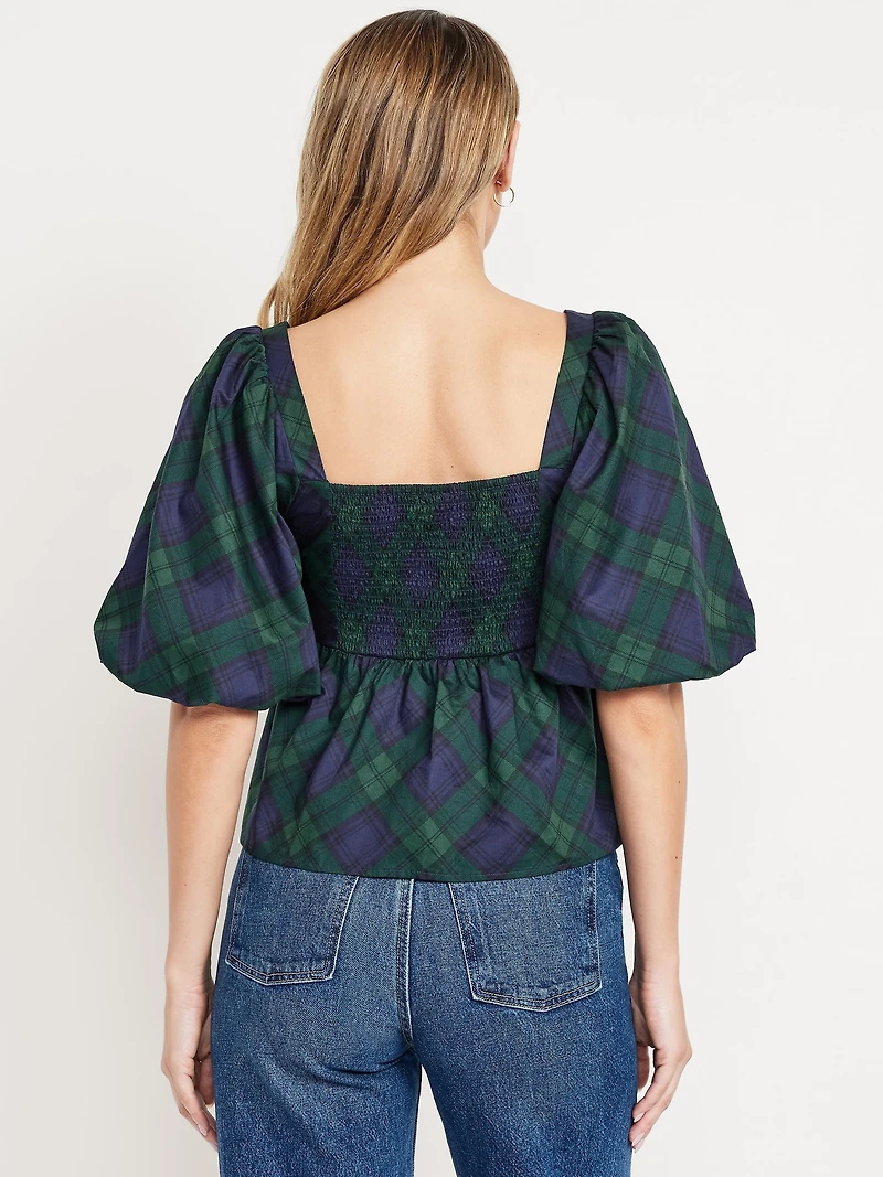 Puff-Sleeve Plaid Poplin Peplum Top