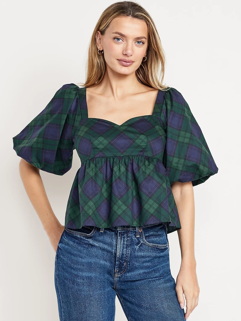 Puff-Sleeve Plaid Peplum Top