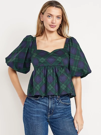 Puff-Sleeve Plaid Peplum Top