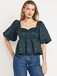 Puff-Sleeve Plaid Peplum Top