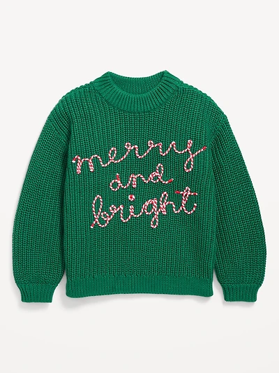 Mock-Neck Embroidered Graphic Sweater for Toddler Girls