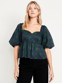 Puff-Sleeve Plaid Poplin Peplum Top