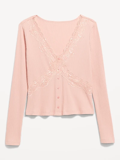 Lace-Trim V-Neck Ribbed Top