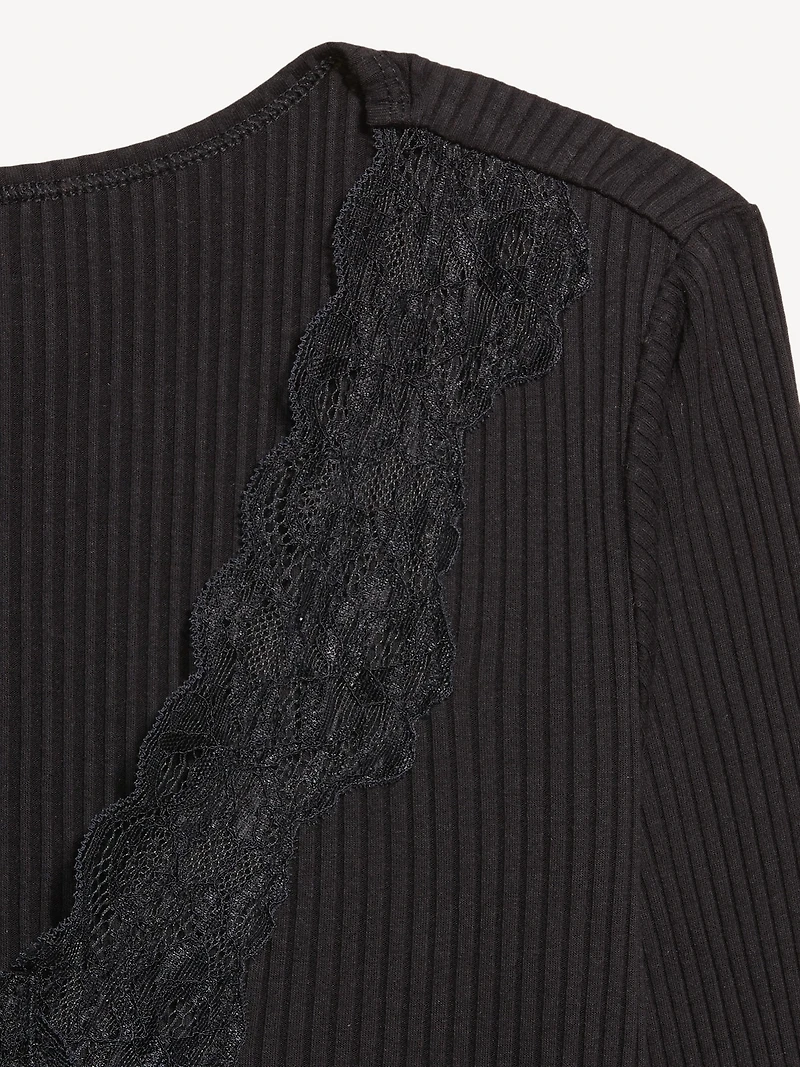 Lace-Trim V-Neck Ribbed Top