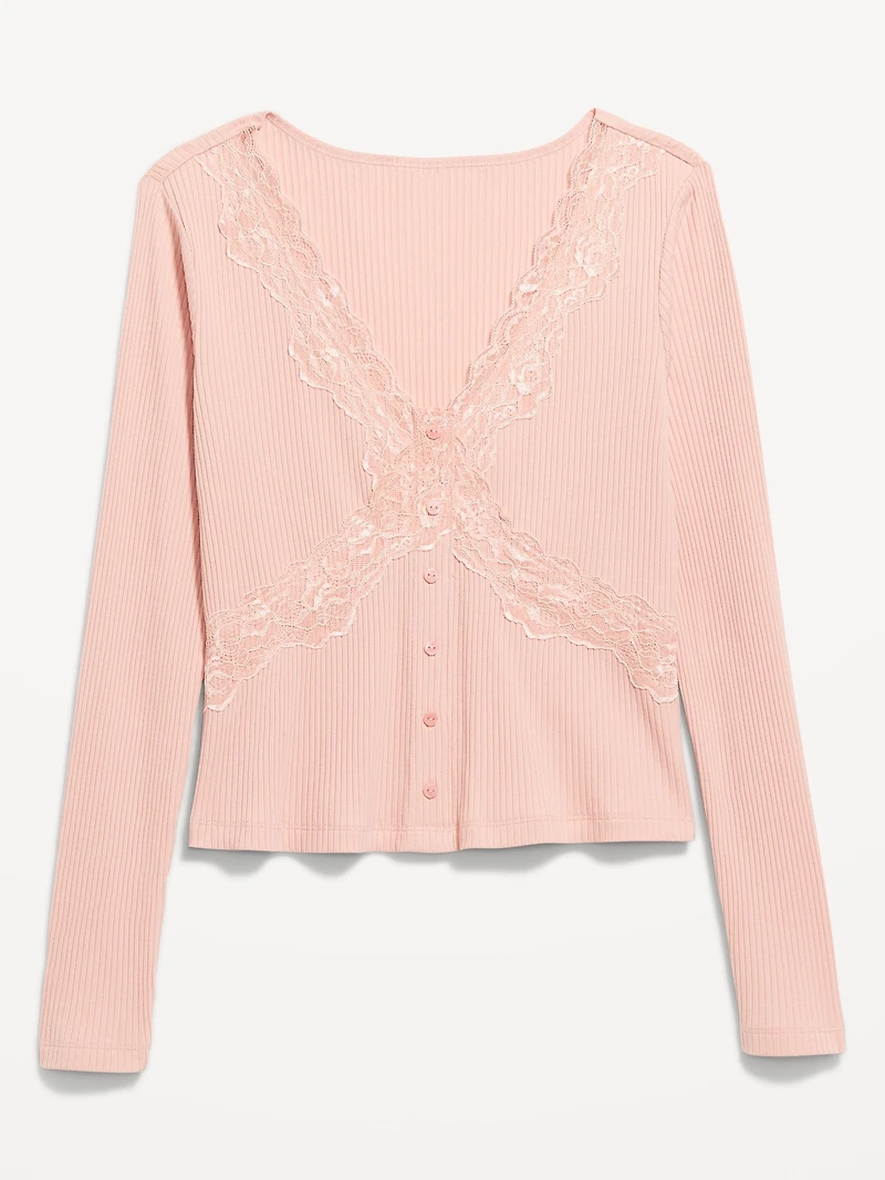 Lace-Trim V-Neck Ribbed Top