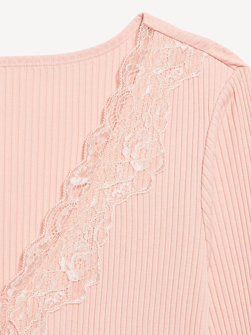 Lace-Trim V-Neck Ribbed Top