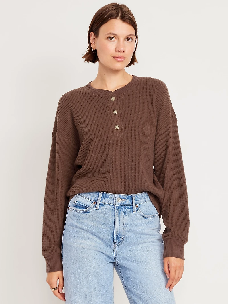 Oversized Cozy Waffle Henley Top