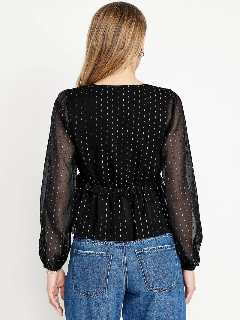 Waist-Defined Ruffle-Trim Clip-Dot Top