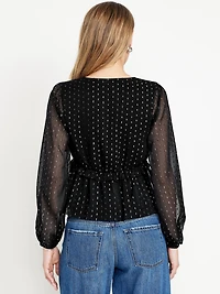 Waist-Defined Ruffle-Trim Clip-Dot Top