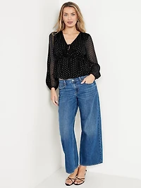 Waist-Defined Ruffle-Trim Clip-Dot Top