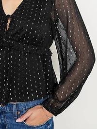 Waist-Defined Ruffle-Trim Clip-Dot Top