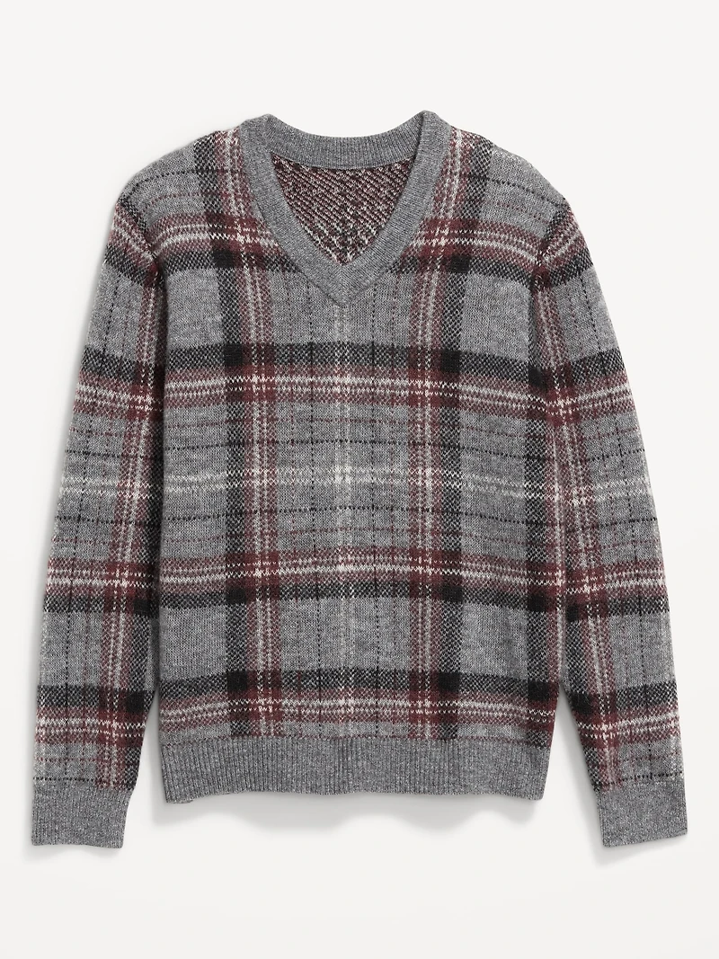 Wool-Blend V-Neck Plaid Sweater