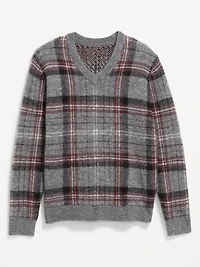 Wool-Blend V-Neck Plaid Sweater
