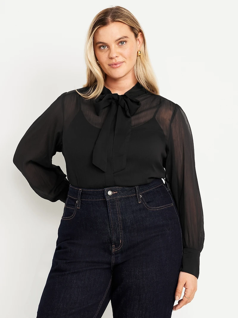 Long-Sleeve Tie-Neck Chiffon Top