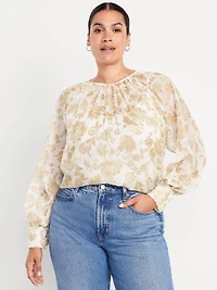 Shirred Chiffon Long-Sleeve Top