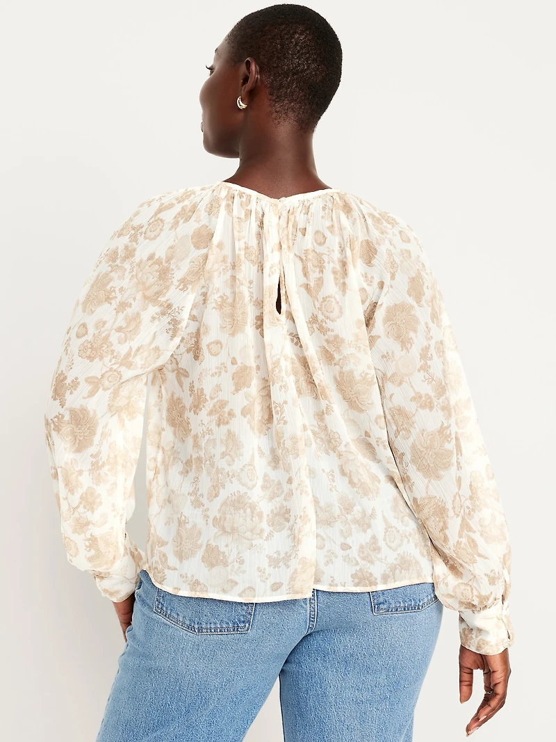 Shirred Chiffon Long-Sleeve Top