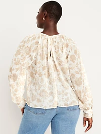 Shirred Chiffon Long-Sleeve Top